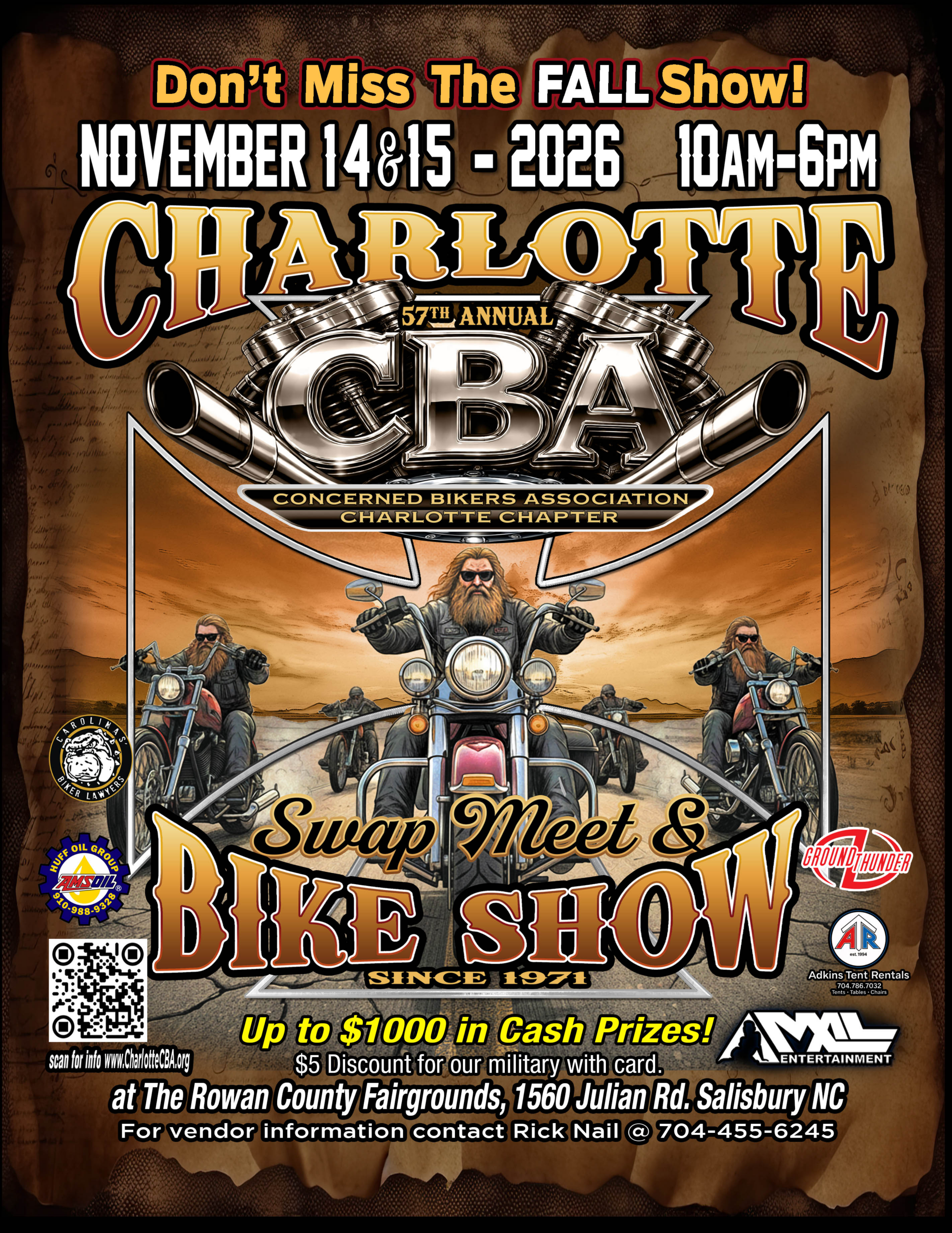 57th Annual Charlotte CBA Swap Meet and Bike Show flyer, November 14-15, 2026, Rowan County Fairgrounds Salisbury NC