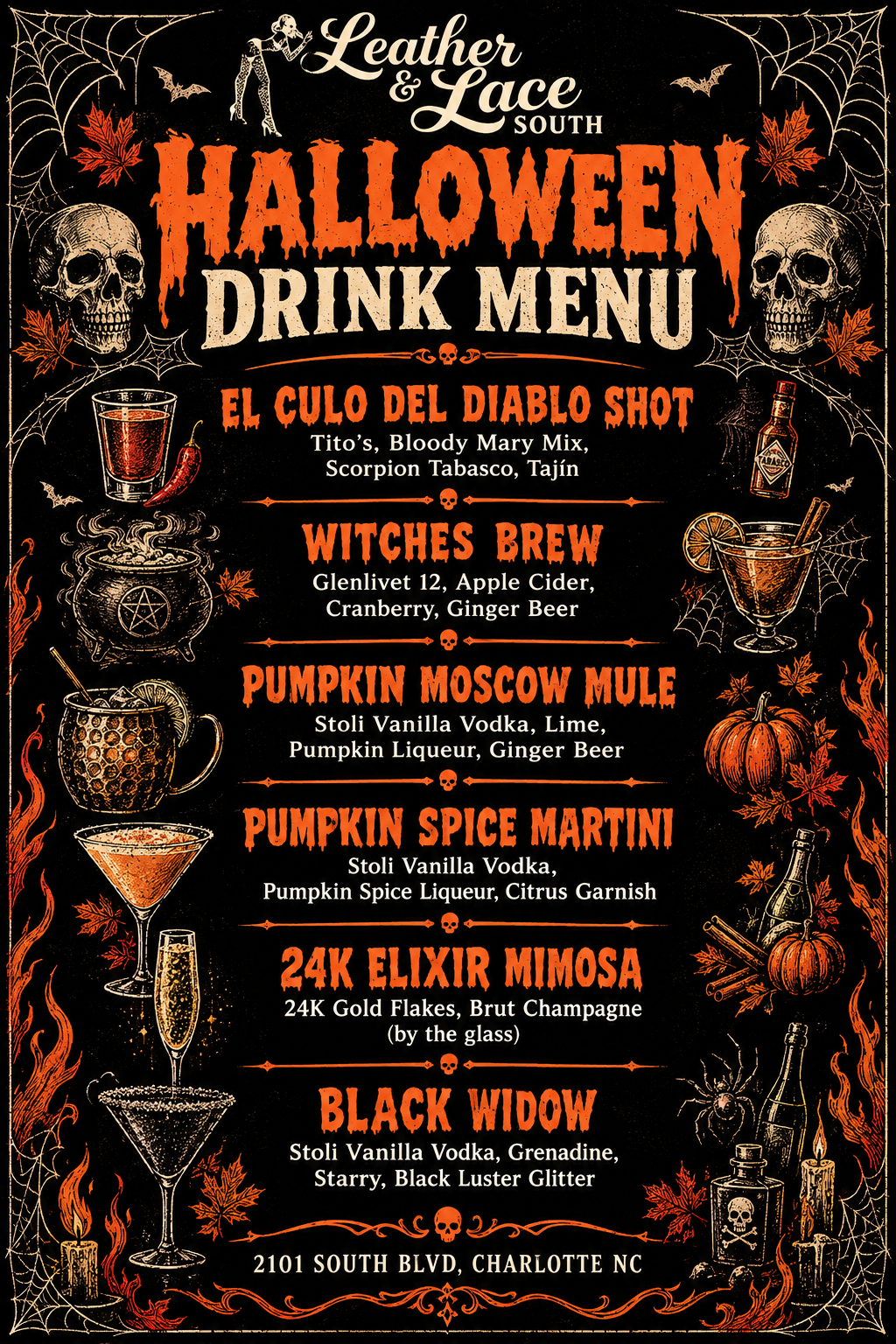 Halloween Drink Menu, Leather & Lace Southend