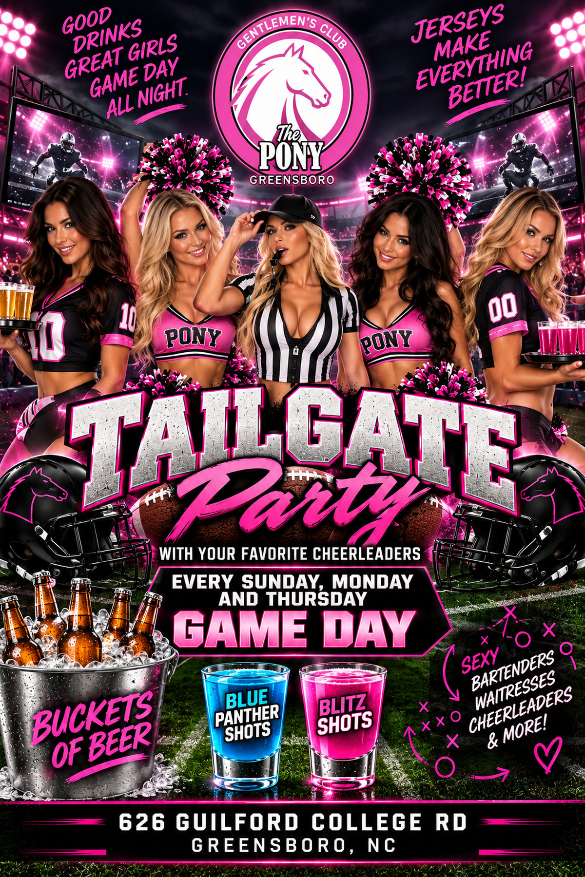 The Pony Greensboro Tailgate Party Game Day, every Sunday Monday and Thursday