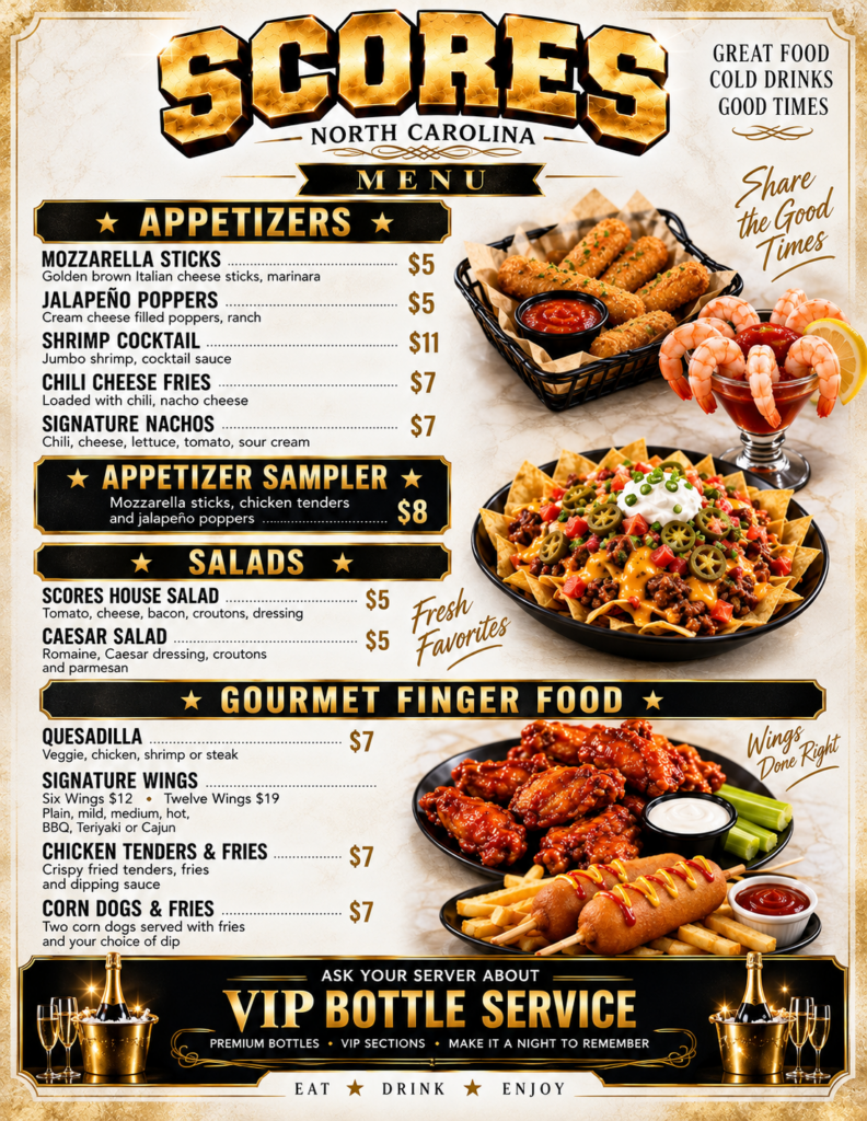 Scores North Carolina menu, appetizers gourmet finger food and VIP bottle service