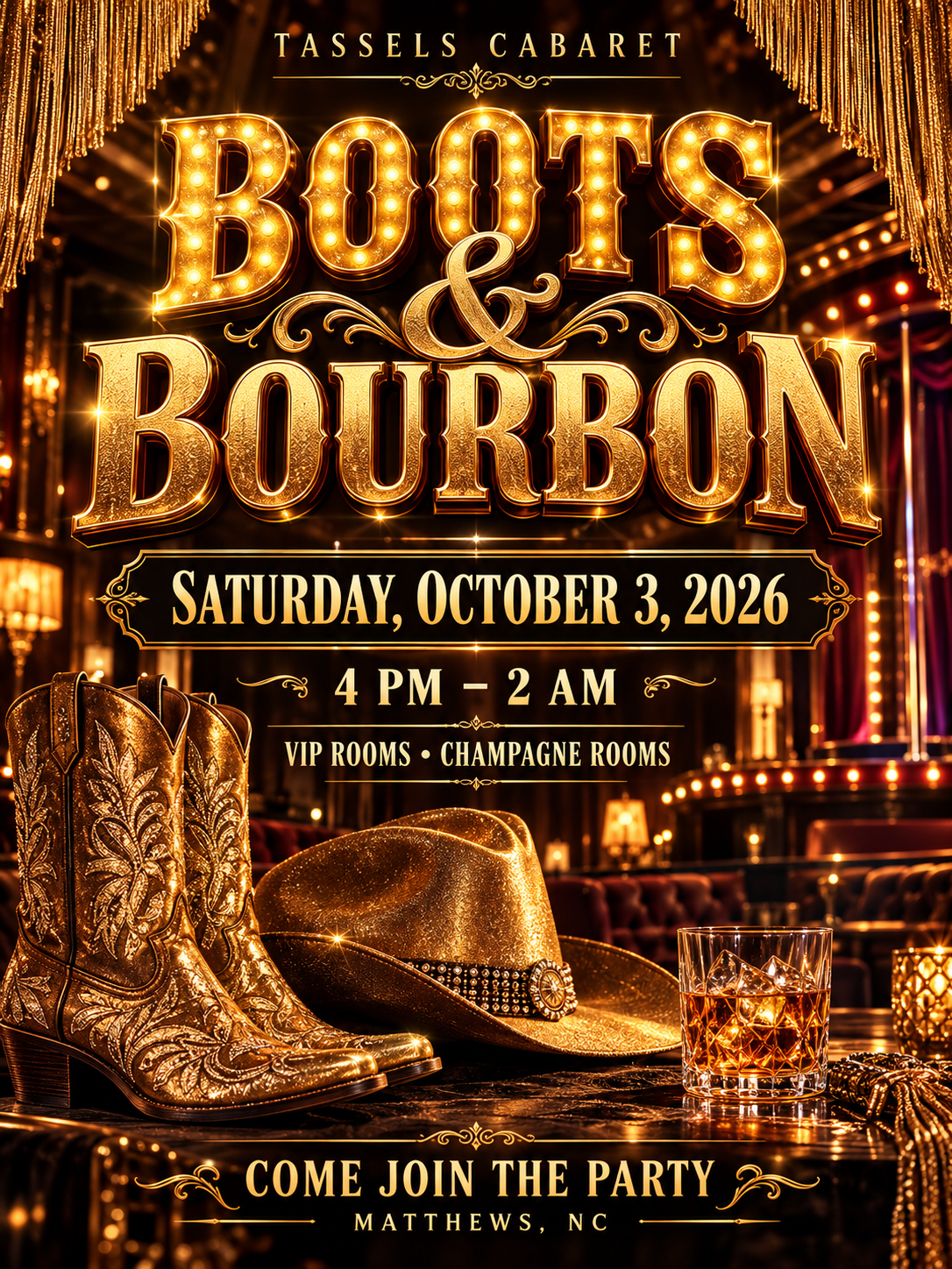 Tassels Cabaret Boots and Bourbon flyer, October 3 2026