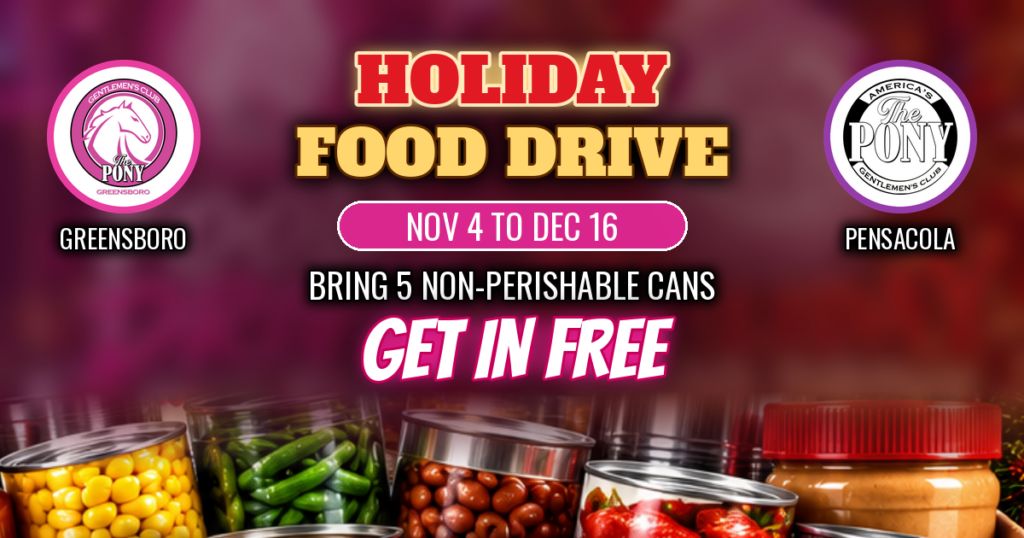 Holiday Food Drive at The Pony Greensboro and The Pony Pensacola: Bring 5 Cans, Get In Free