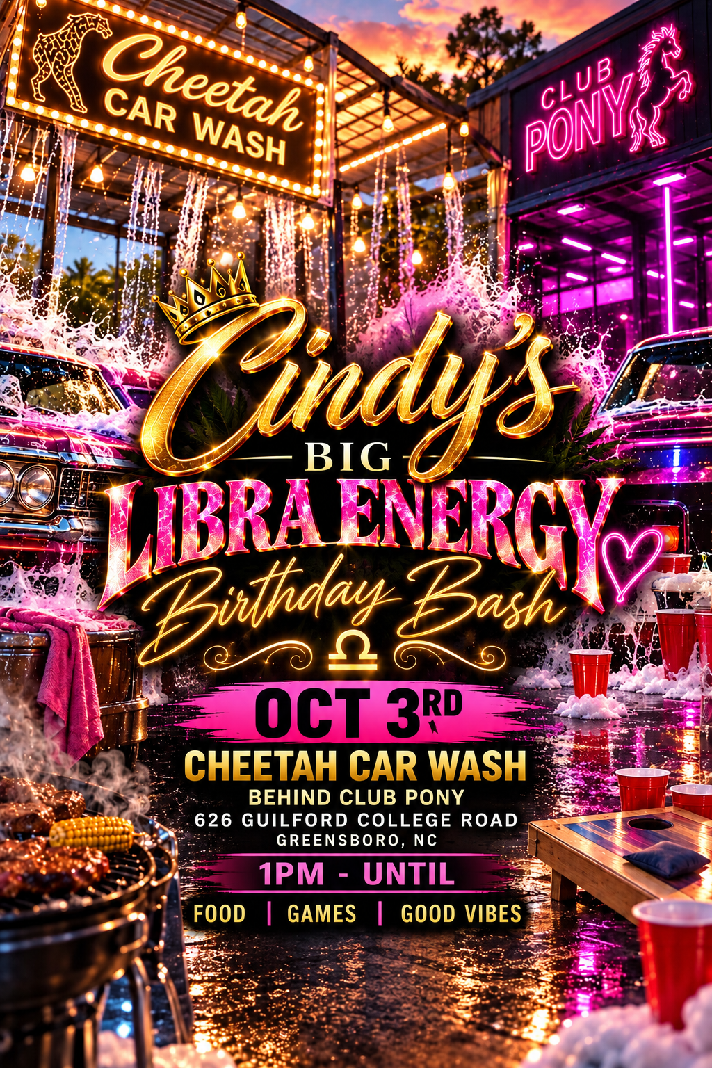 Cindys Big Libra Energy Birthday Bash flyer, October 3 at Cheetah Car Wash Greensboro