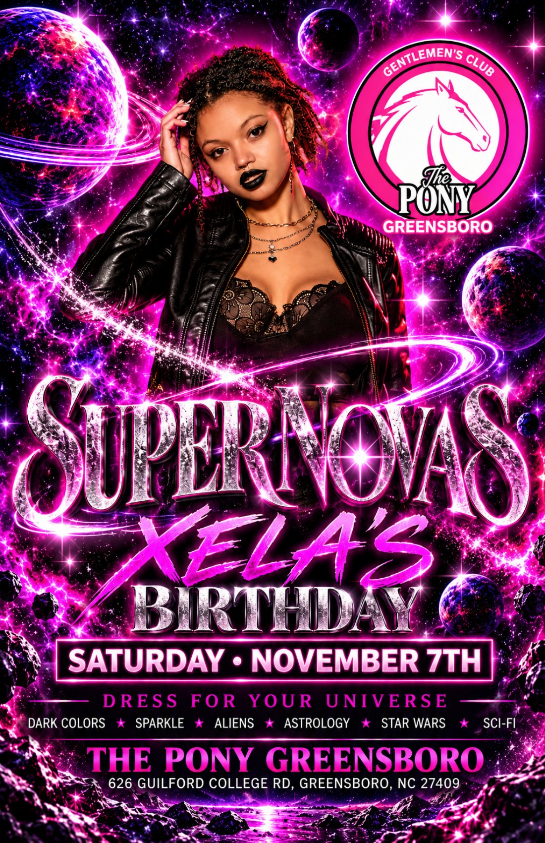 The Pony Greensboro – SuperNovas Xela's Birthday Flyer, November 7